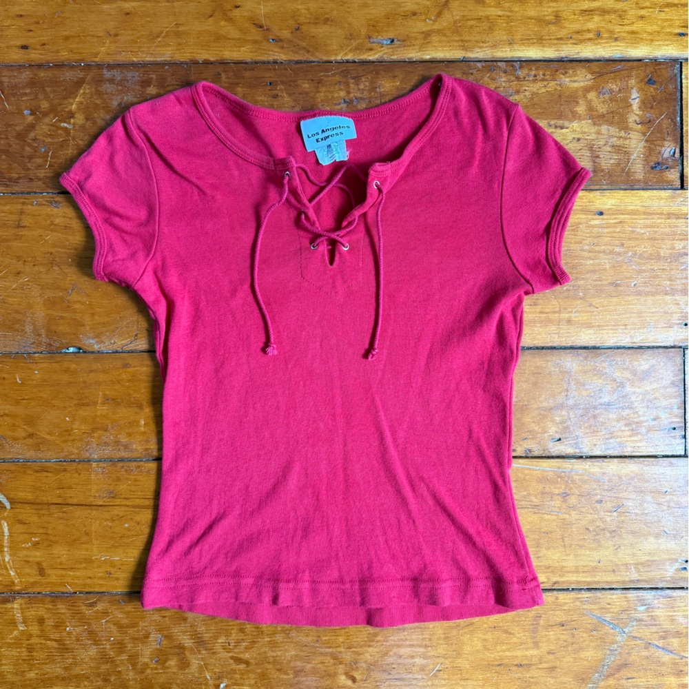 Y2K Los Angeles Express Red Lace Up Baby Tee